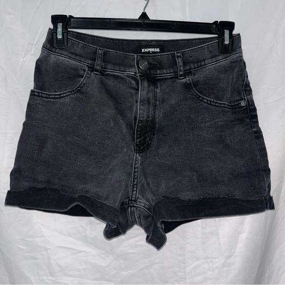 Express Mom Shorts Black Jean Shortie with rolled hem super high rise bottoms - Picture 1 of 6
